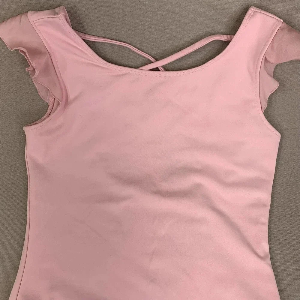 JUSTICE Active Girl's One Piece Flutter Cap Sleeves Swimsuit Baby Pink Size 14 - Picture 3 of 12